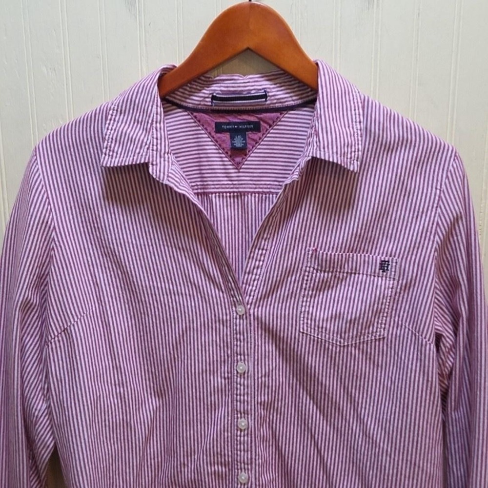 Tommy Hilfiger Button Up Shirt Womens 6 Pink Collared Long Sleeve Striped Top